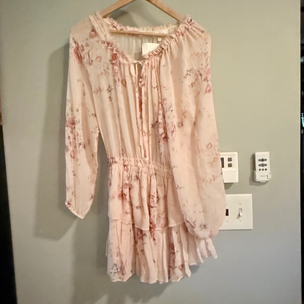 LoveShackFancy Floral Mini Dress Tiered Ruffle Long‎ Sleeve Pink Sz M Silk New